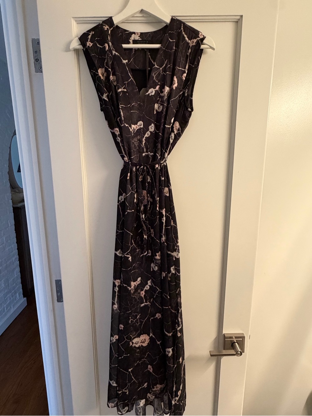 AllSaints Black Midi Dress with Pale Pink Floral Print
